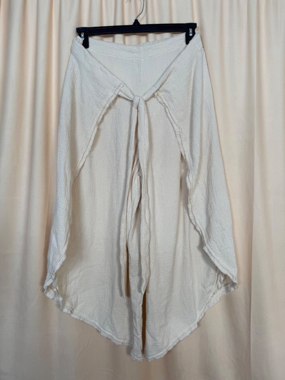 Free People Cream Wide-Leg Pants With Tie Front & Frayed Hem Size L Gauze Boho
